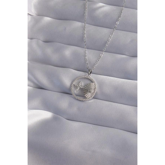 316L Çelik Zincir Gümüş Renk Zirkon Taşlı Yıldız Figürlü Oval Kolye