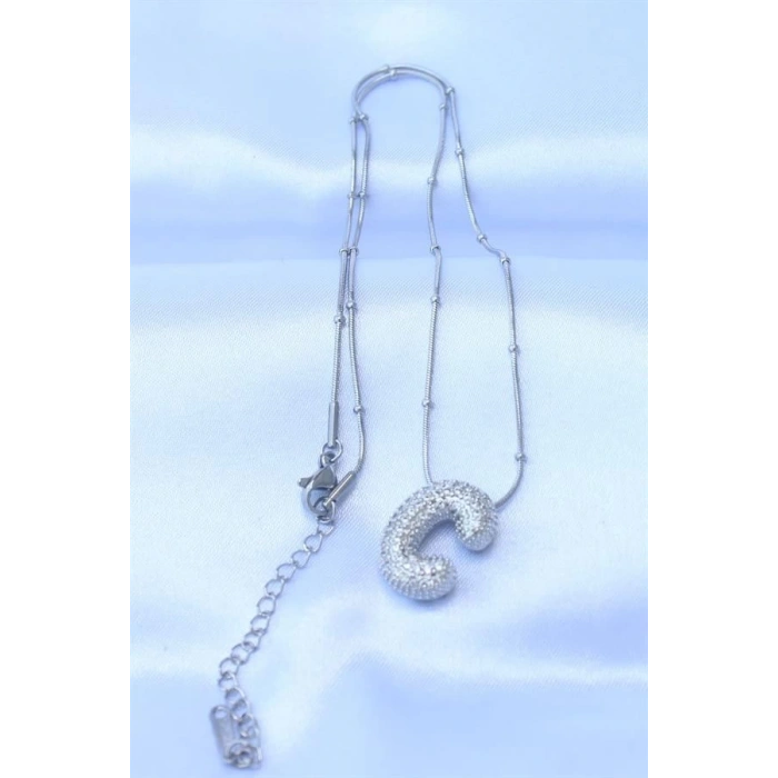 316L Çelik Zincirli Zirkon Taşlı C Harfli Gümüş Renk Bubble Kolye