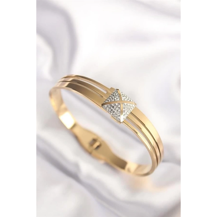 316L Çelik Zirkon Taşlı Gold Renk Kadın Kelepçe Bilezik