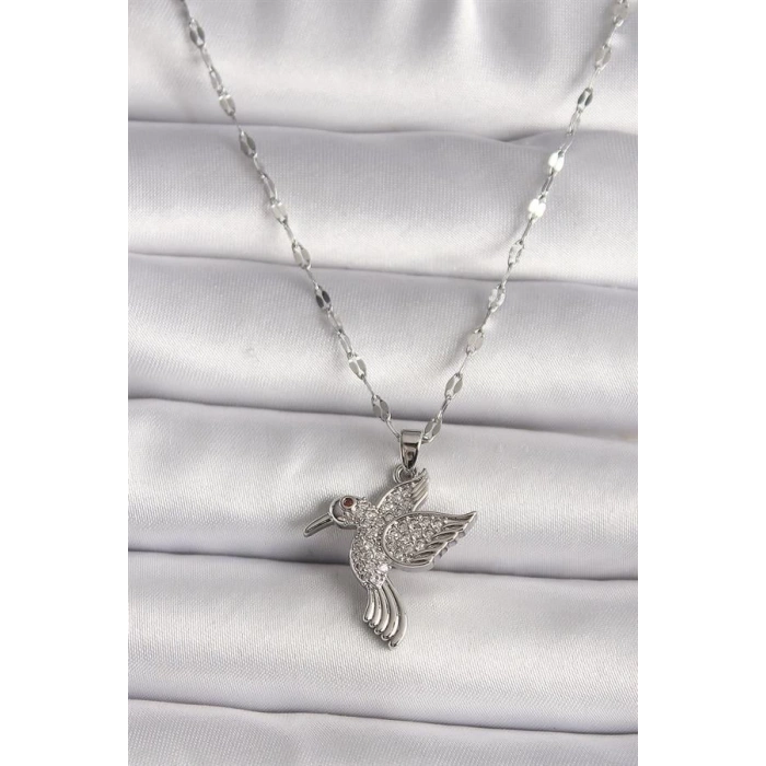 316L Gümüş Renk Zirkon Taşlı Sinek Kuşu Model Kadın Kolye