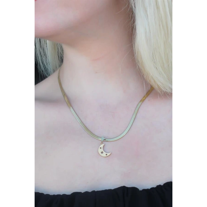 316L Kararmaz Çelik Gold Renk İtalyan Zincirli Hilal Model Kadın Kolye