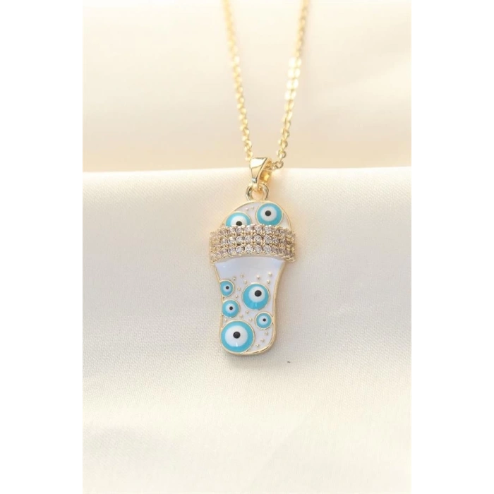 316L Zinciri Çelik Zirkon Taşlı Gold Renk Nazar Boncuklu Terlik Kolye