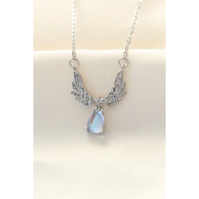 316L Zinciri Çelik Zirkon Taşlı Gümüş Renk Kanatlı Damla Kolye