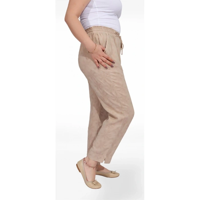 325001 Beli Lastikli Dantel Çiçek Desenli Keten Kadın Pantolon Bej