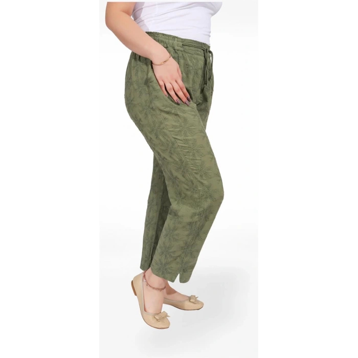 325001 Beli Lastikli Dantel Çiçek Desenli Keten Kadın Pantolon Haki