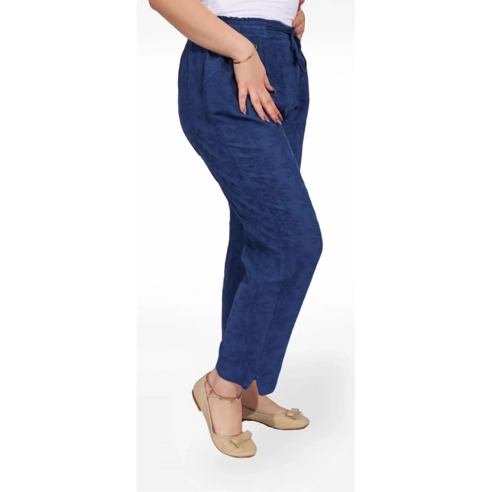 325001 Beli Lastikli Dantel Çiçek Desenli Keten Kadın Pantolon Mavi