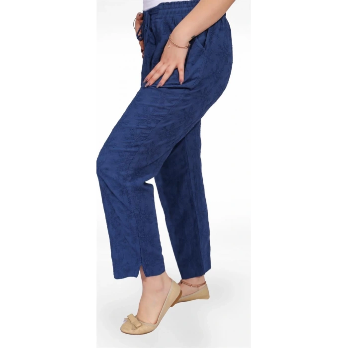 325001 Beli Lastikli Dantel Çiçek Desenli Keten Kadın Pantolon Mavi