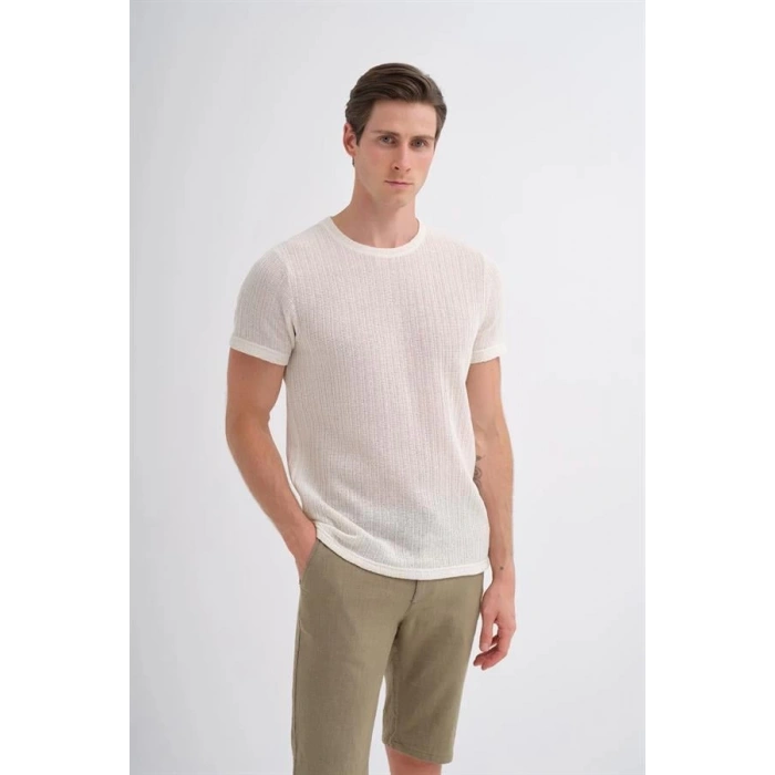 4011 Örgü Desenli Bisiklet Yaka Regular Fit Erkek T-Shirt Beyaz