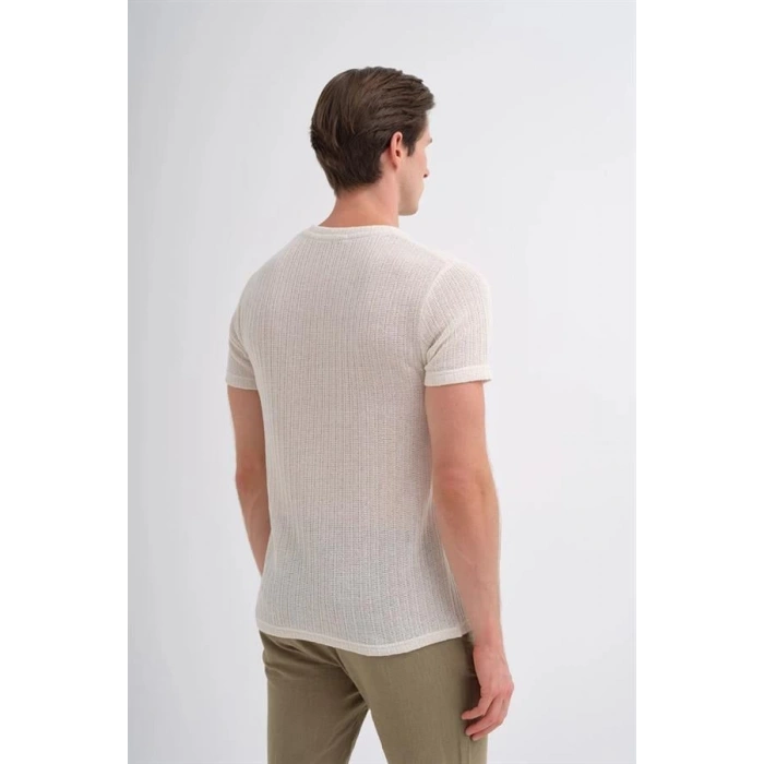 4011 Örgü Desenli Bisiklet Yaka Regular Fit Erkek T-Shirt Beyaz