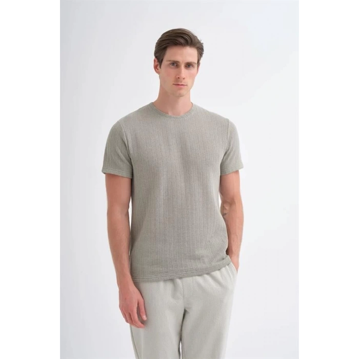 4011 Örgü Desenli Bisiklet Yaka Regular Fit Erkek T-Shirt Yeşil