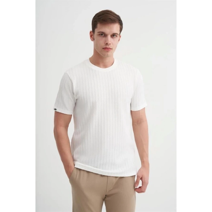 4051 Bisiklet Yaka Desenli Erkek T-Shirt BEYAZ