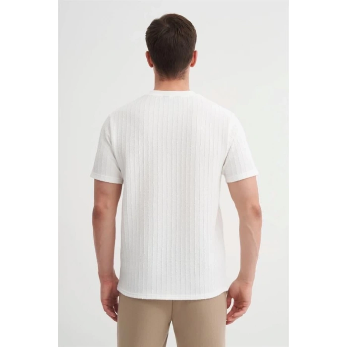 4051 Bisiklet Yaka Desenli Erkek T-Shirt BEYAZ