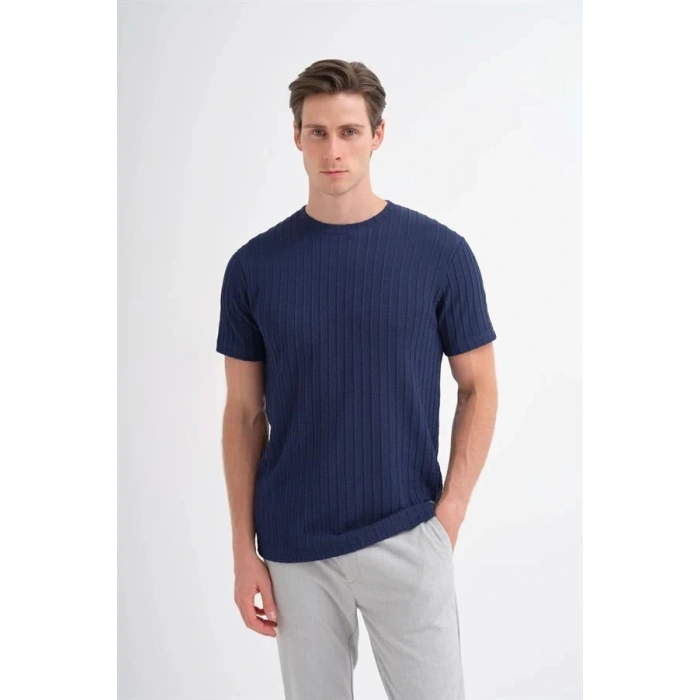 4051 Bisiklet Yaka Desenli Erkek T-Shirt LACİVERT