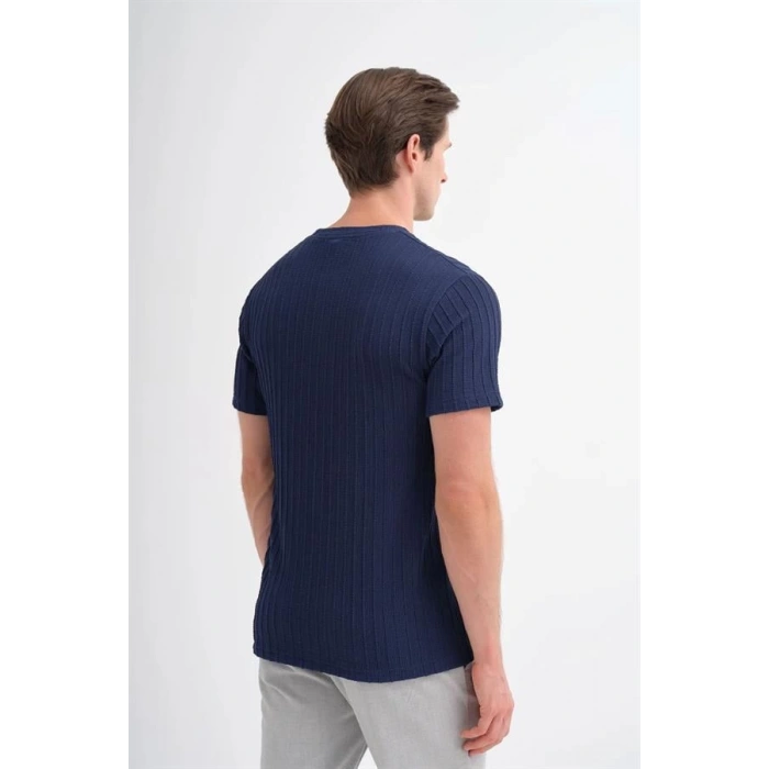 4051 Bisiklet Yaka Desenli Erkek T-Shirt LACİVERT