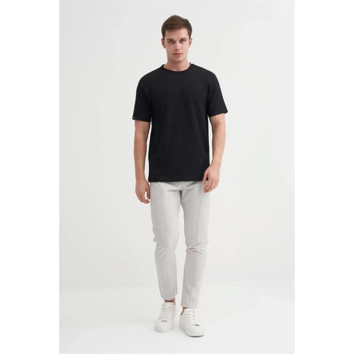 4051 Bisiklet Yaka Desenli Erkek T-Shirt SİYAH