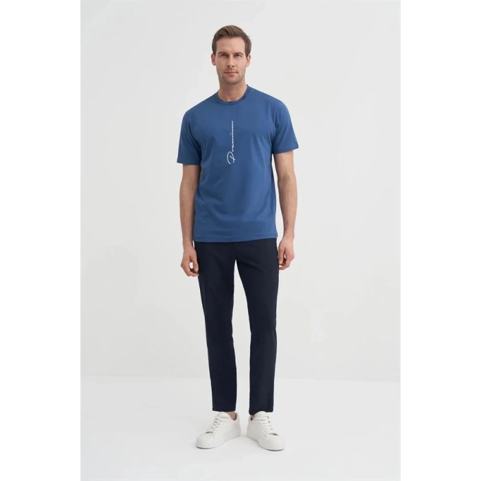 4091 Yazı Baskılı Bisiklet Yaka Erkek T-Shirt Indigo