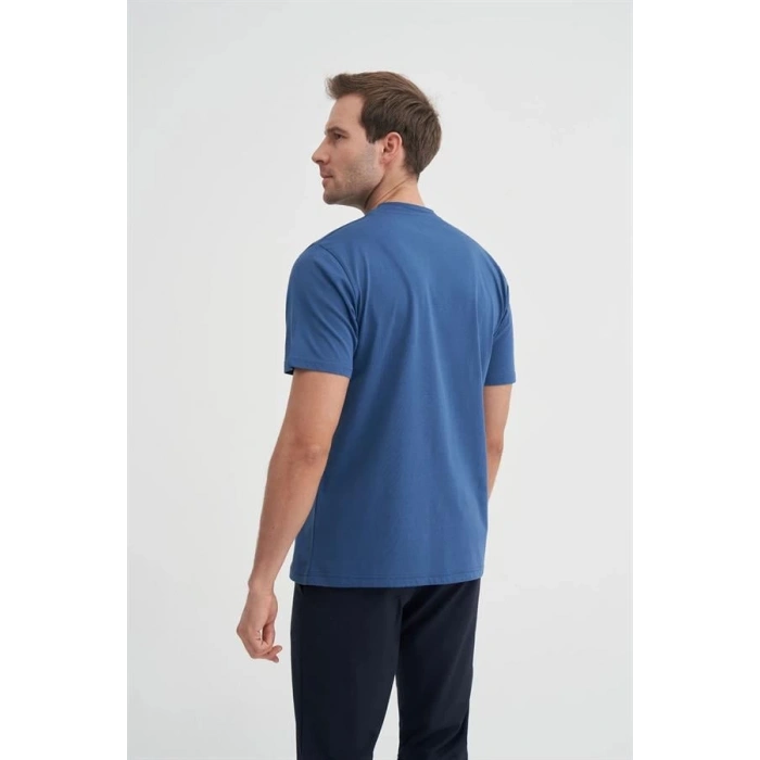 4091 Yazı Baskılı Bisiklet Yaka Erkek T-Shirt Indigo
