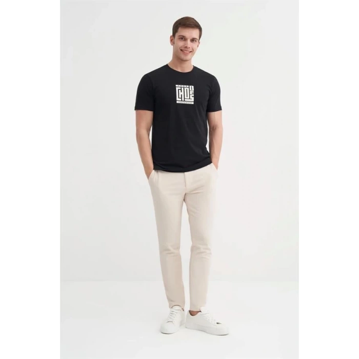 4165 Bisiklet Yaka Baskılı Erkek T-Shirt SİYAH