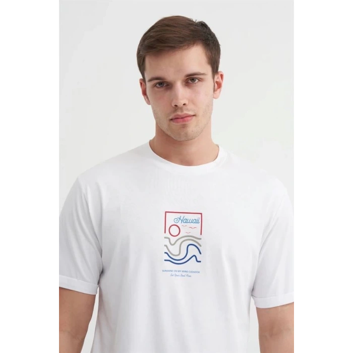 4188 Bisiklet Yaka Baskılı Erkek T-Shirt Beyaz