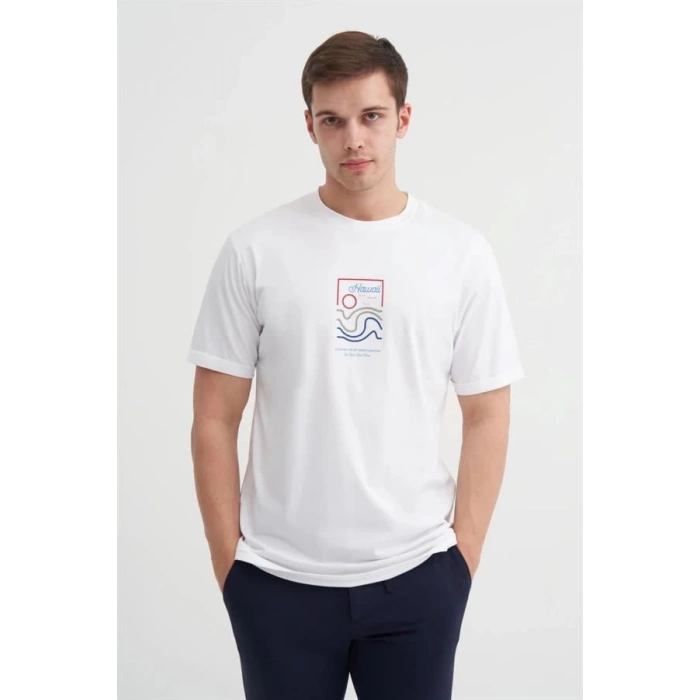 4188 Bisiklet Yaka Baskılı Erkek T-Shirt Beyaz