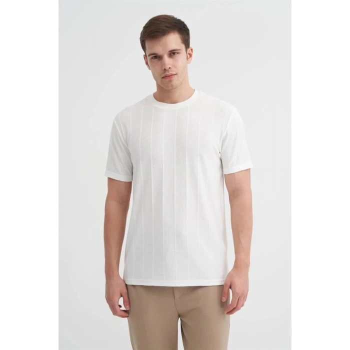 4203 Viskon Kumaş Bisiklet Yaka Regular Fit Erkek T-Shirt BEYAZ