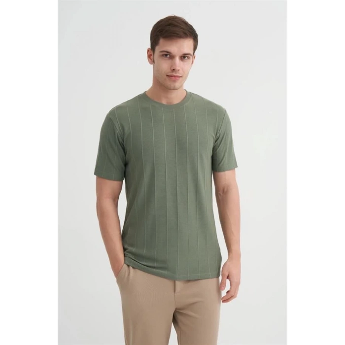 4203 Viskon Kumaş Bisiklet Yaka Regular Fit Erkek T-Shirt HAKİ