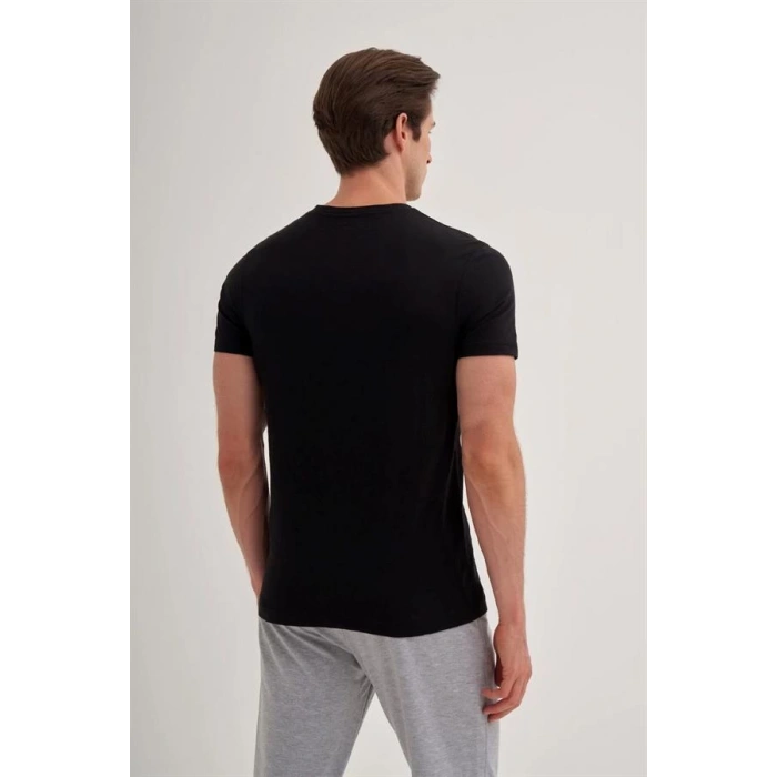 4602 Flamlı Basic Bisiklet Yaka Erkek T-Shirt Siyah