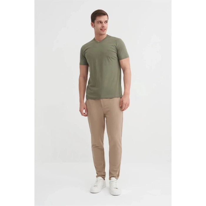 4624 Basıc V Yaka Erkek T-Shirt Haki