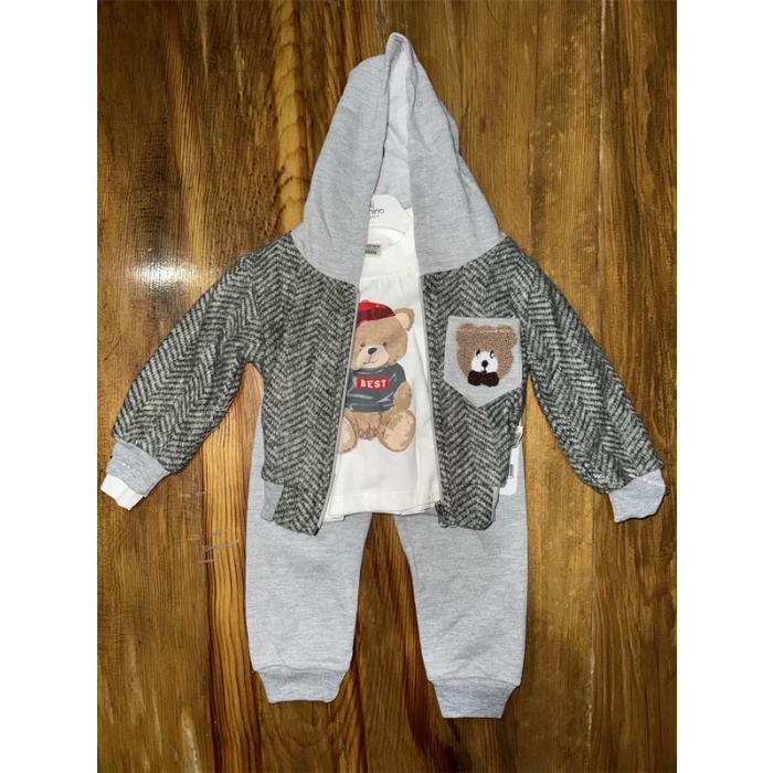 6-24 Aylık Ceketli Kapşonlu Üçlü Takım Gribeyaz