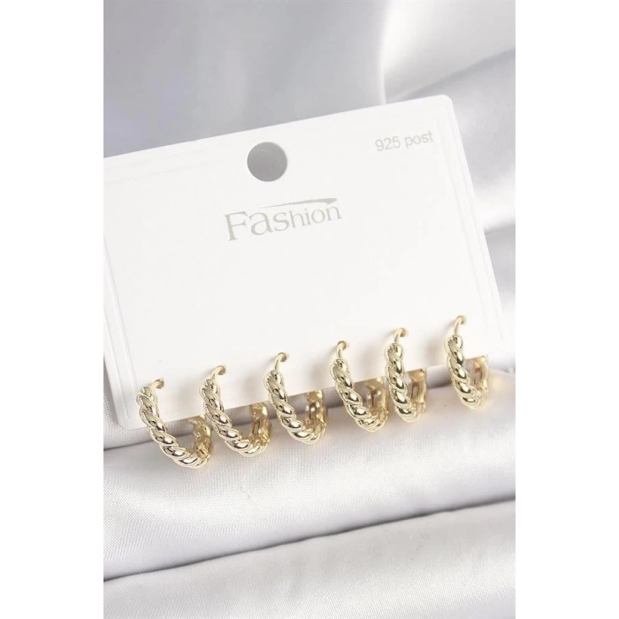 925 Ayar Gümüş Çivi Pirinç Gold Renk Sarmal Halka Model Kadın Küpe Seti
