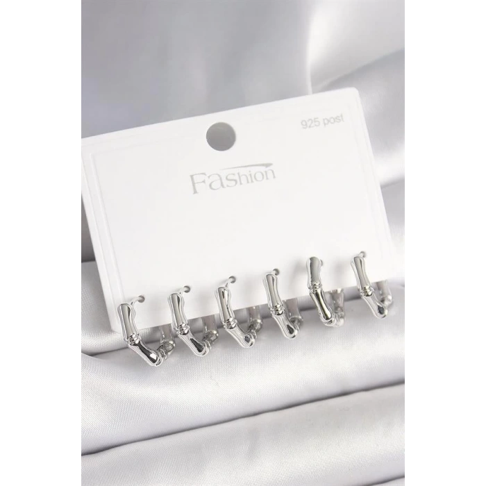 925 Ayar Gümüş Çivi Pirinç Gümüş Renk Bambu Halka Model Kadın Küpe Seti