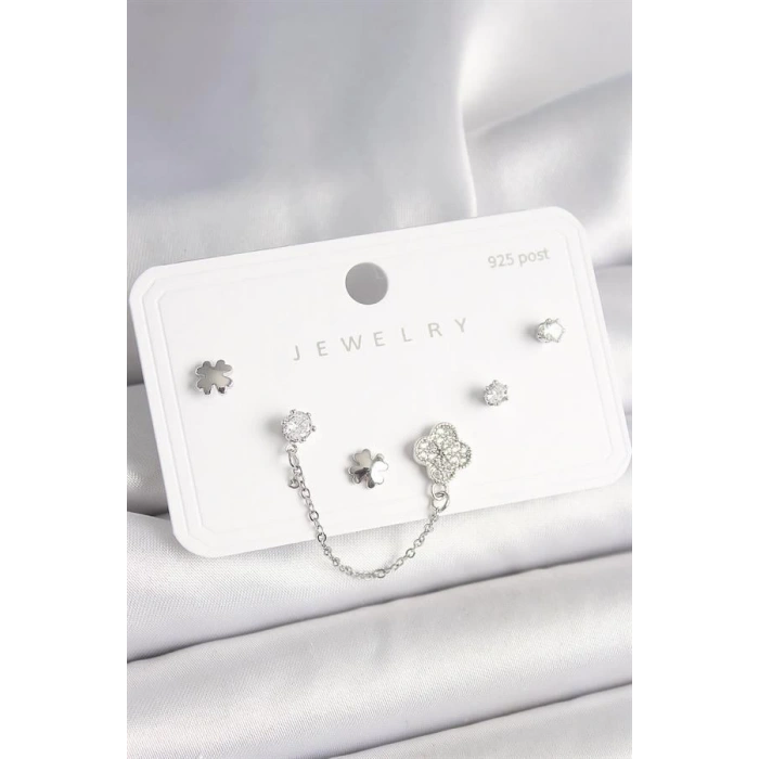 925 Ayar Gümüş Çivi Pirinç Gümüş Renk Zirkon Taşlı Yonca Model Sallantı Zincir Detay Kadın Küpe Seti