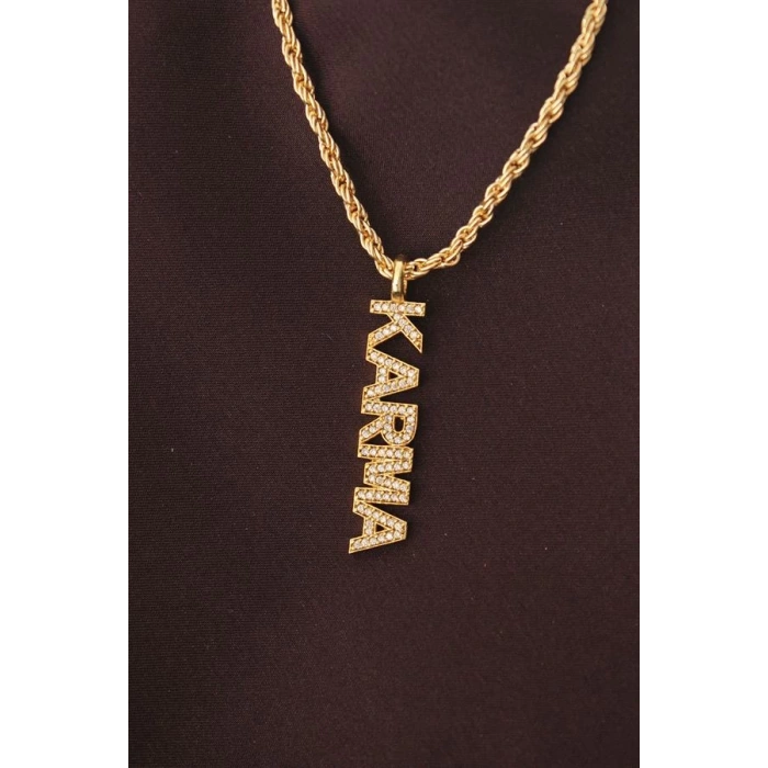 Altın Renk Zirkon Taşlı Karma Yazılı Kolye