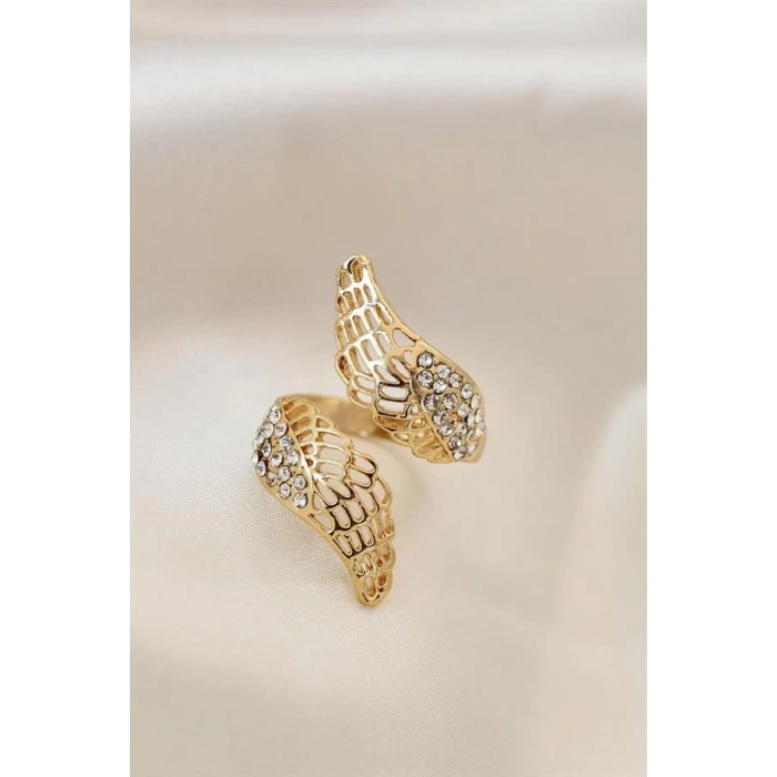 Ayarlamalı Gold Renk Metal Zirkon Taşlı Kanat Yüzük