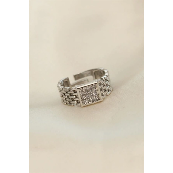 Ayarlamalı Gümüş Renk Kare Zirkon Taşlı Yüzük