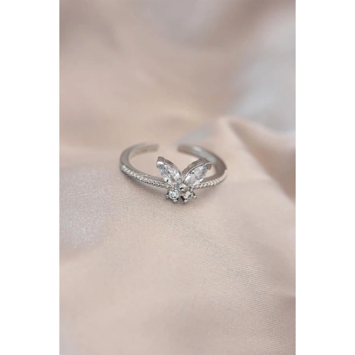 Ayarlamalı Gümüş Renk Metal Zirkon Taş ve Kristal Taşlı Kelebek Model Yüzük