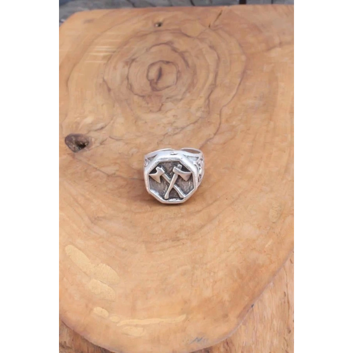 Balta Desenli Gümüş Renk Ayarlanabilir Erkek Yüzük