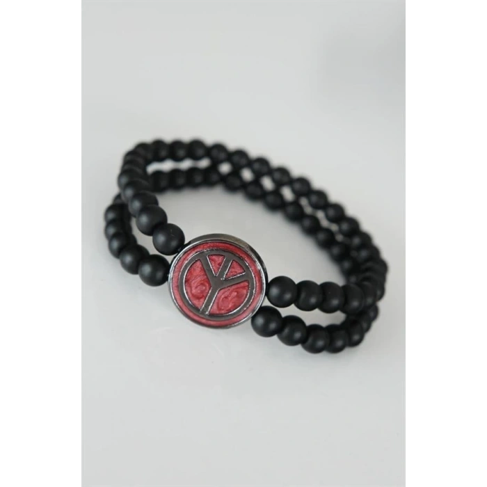 Barış Figürlü Bordo Renk Füme Metal Aksesuarlı Çift Sıra Oniks Doğal Taş Erkek Bileklik