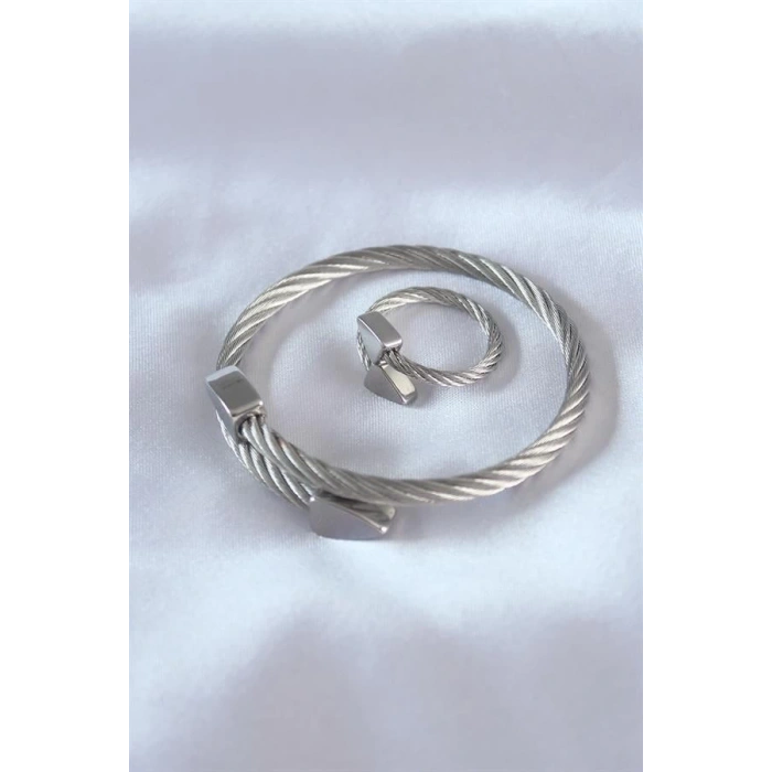 Çelik Gümüş Renk Burgu Model Erkek Bileklik Yüzük Seti