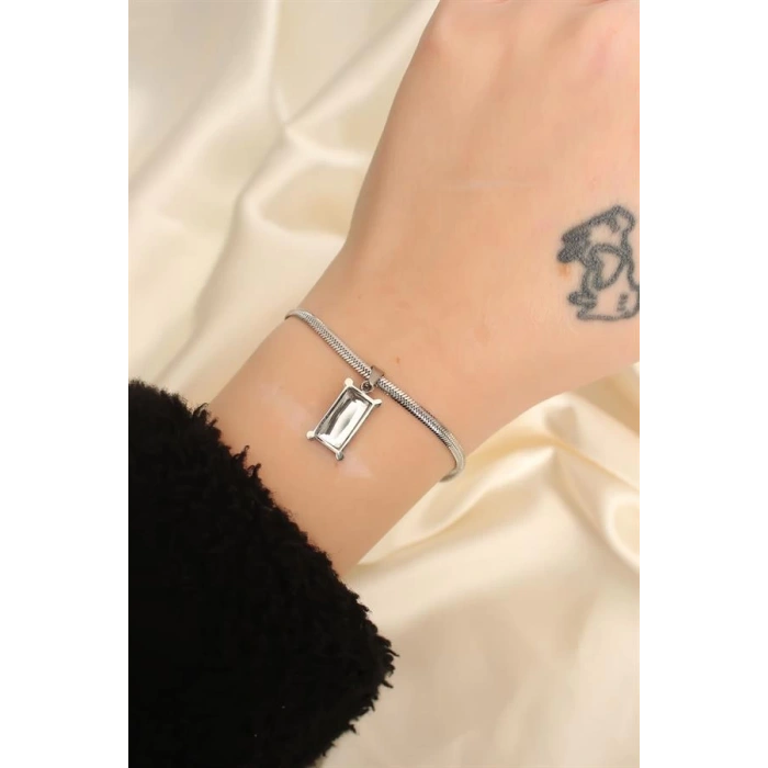 Çelik Gümüş Renk Dikdörtgen Taşlı İtalyan Zincirli Bileklik
