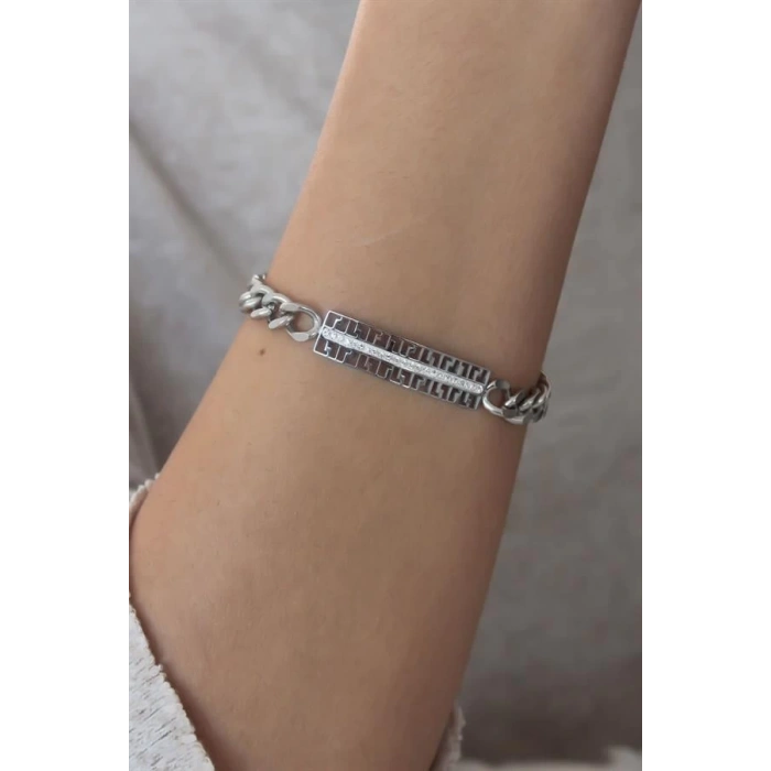 Çelik Gümüş Renk Zincir Model Zirkon Taşlı Kadın Bileklik