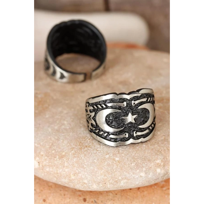 Çift Hilal Figürlü Kare Füme Gri Renk Ayarlamalı Erkek Yüzük