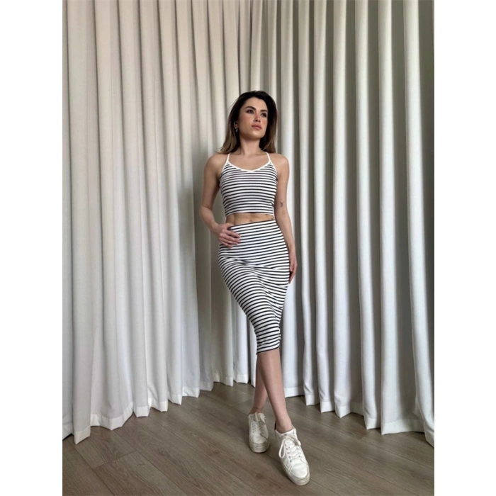 Çizgili etek crop takım