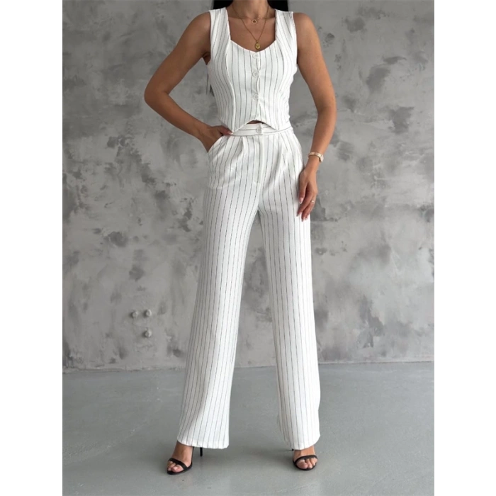 Çizgili palazzo pantolonlu yelek takım s3395