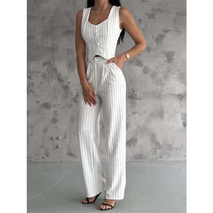 Çizgili palazzo pantolonlu yelek takım s3395