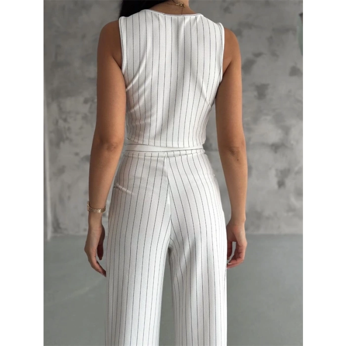 Çizgili palazzo pantolonlu yelek takım s3395