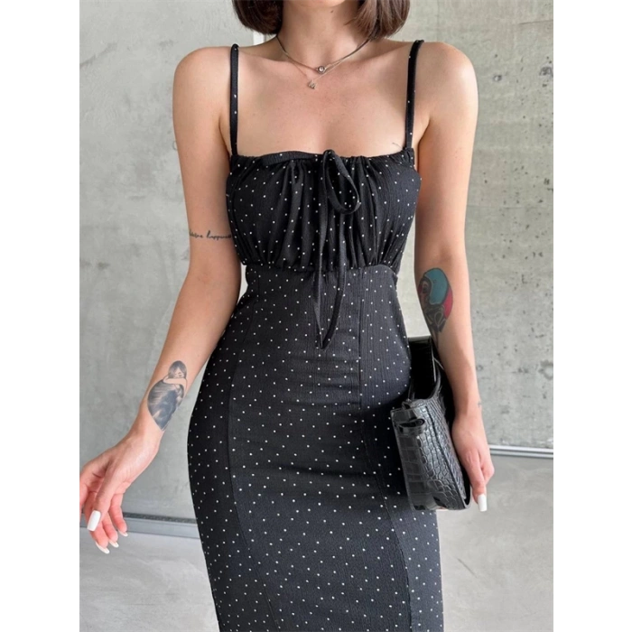 Desenli askılı elbise