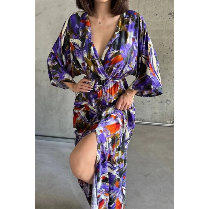 Dokuma baskılı yarasa kol elbise s8124