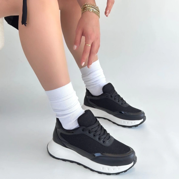 Edva Siyah Cilt Bağcıklı Spor Ayakkabı