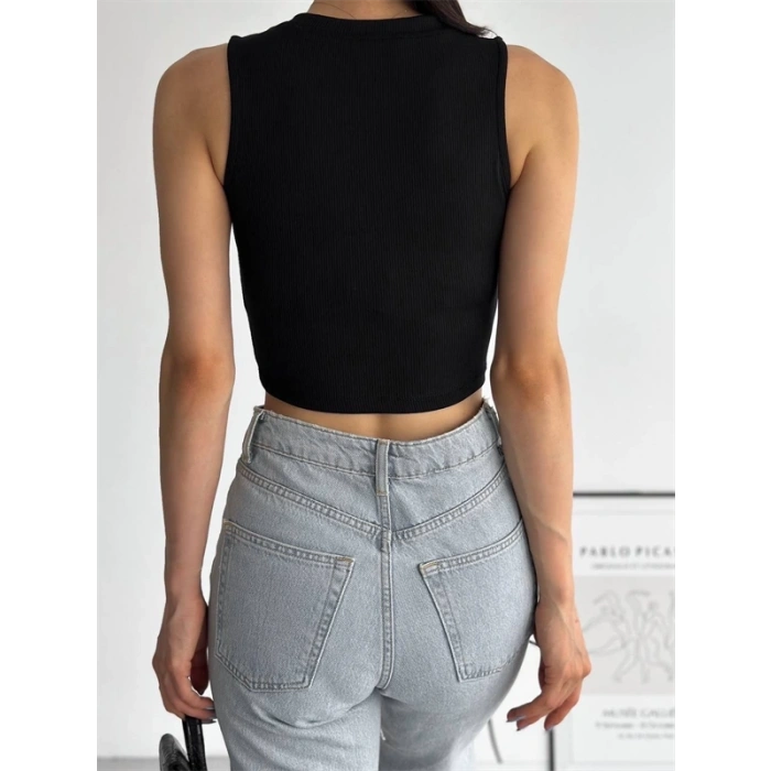 Fitilli Kaşkorse Yakası Zincirli Atlet Siyah